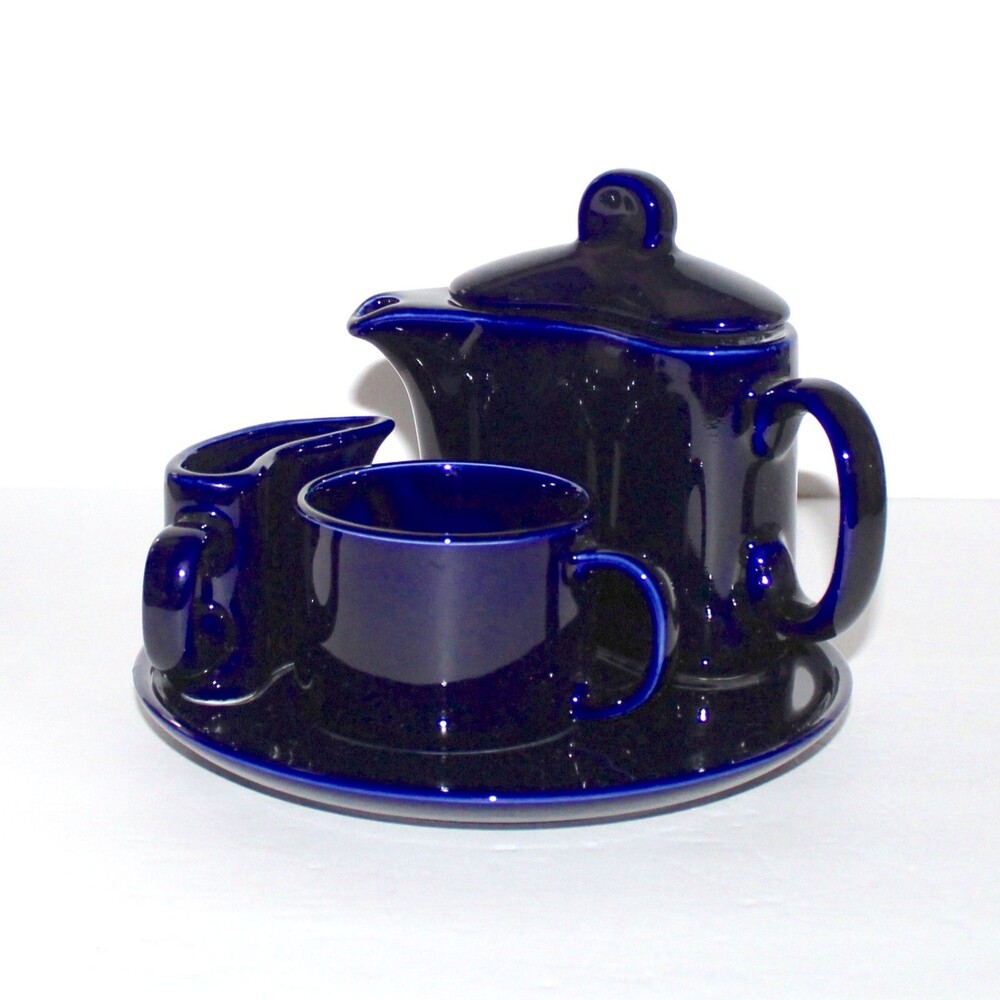 Coffee Tea Set for One Cobalt Blue ceramic curved Japan modern